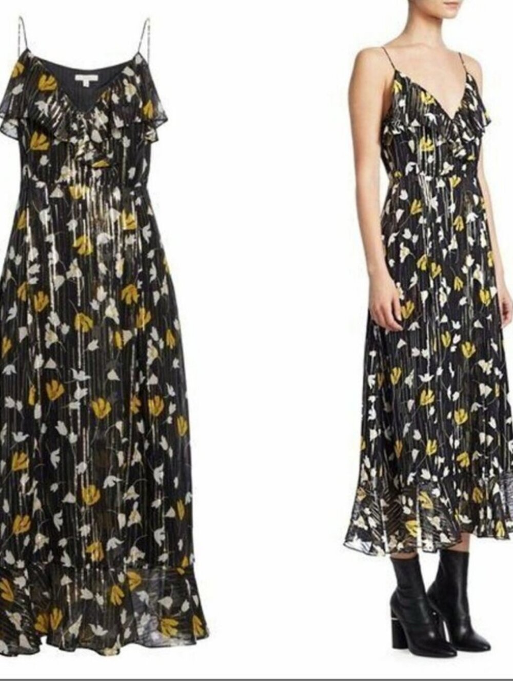 Joie 100% Silk Metallic Lurex Floral Ruffle Midi Dress NWT
